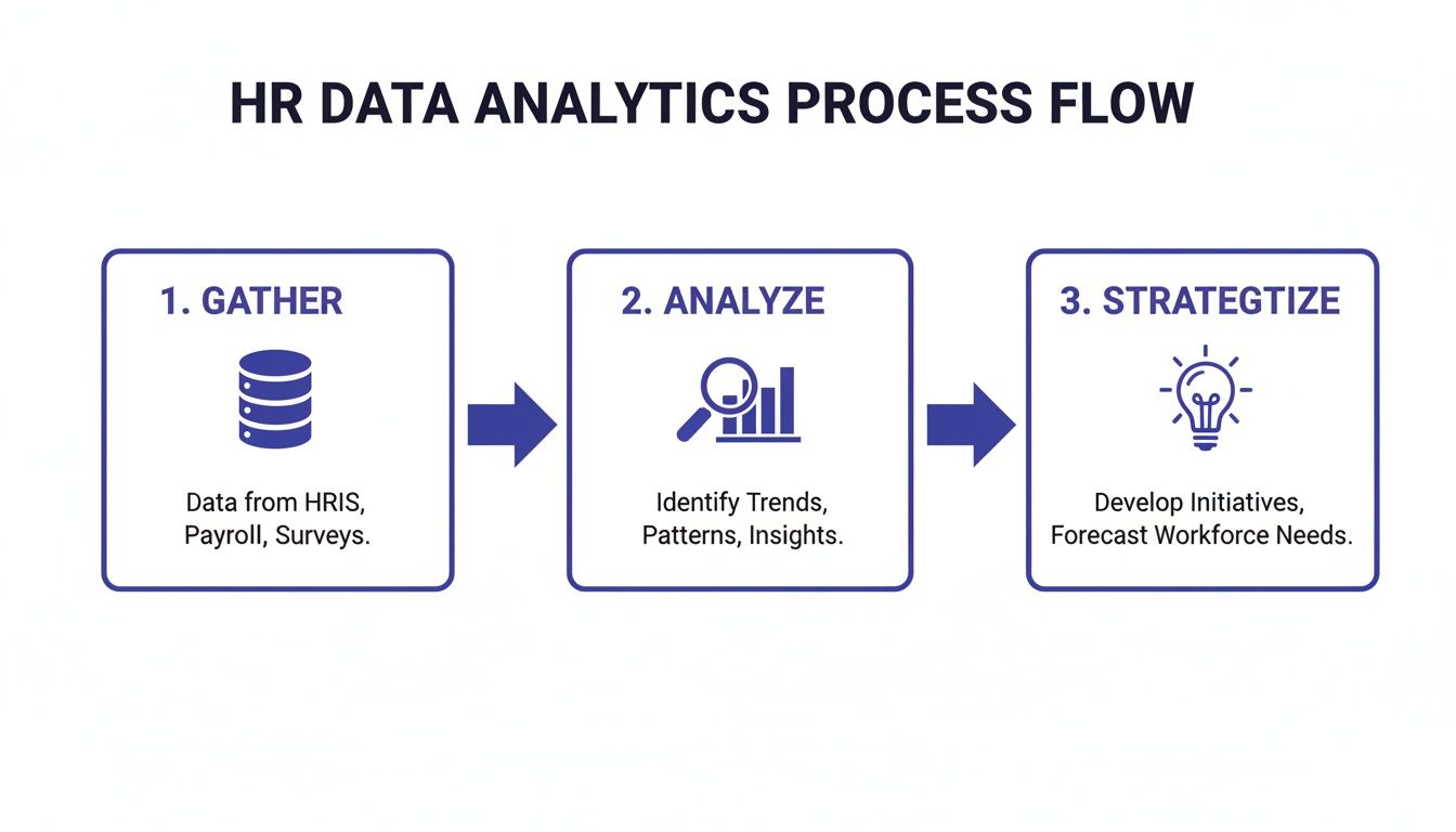 HR Data Analytics process flow diagram: gather data, analyze trends, and strategize workforce needs.