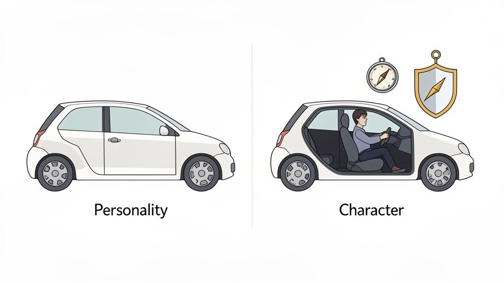 Illustration comparing personality and character using a white car analogy with a driver and navigation symbols.