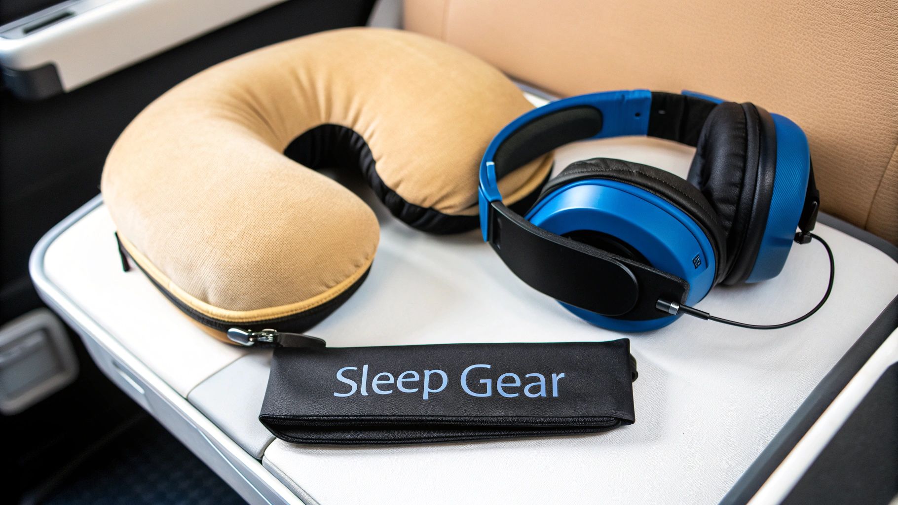 A woman peacefully sleeping on a plane using a travel pillow, eye mask, and headphones.