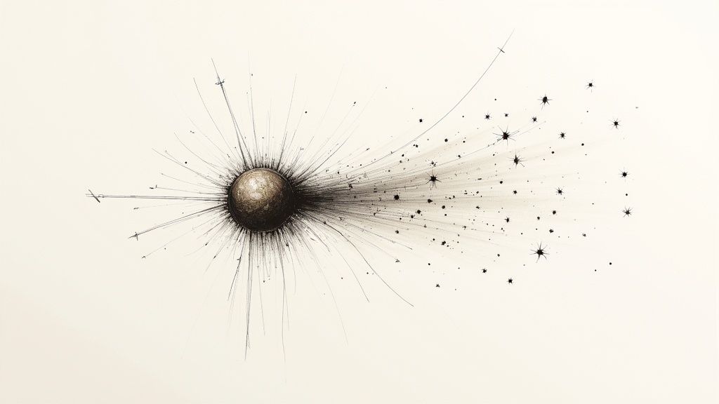 Ilustracja przedstawiająca ciemną kulę promieniującą linie i rozproszone, gwiazdopodobne kształty na jasnym tle.