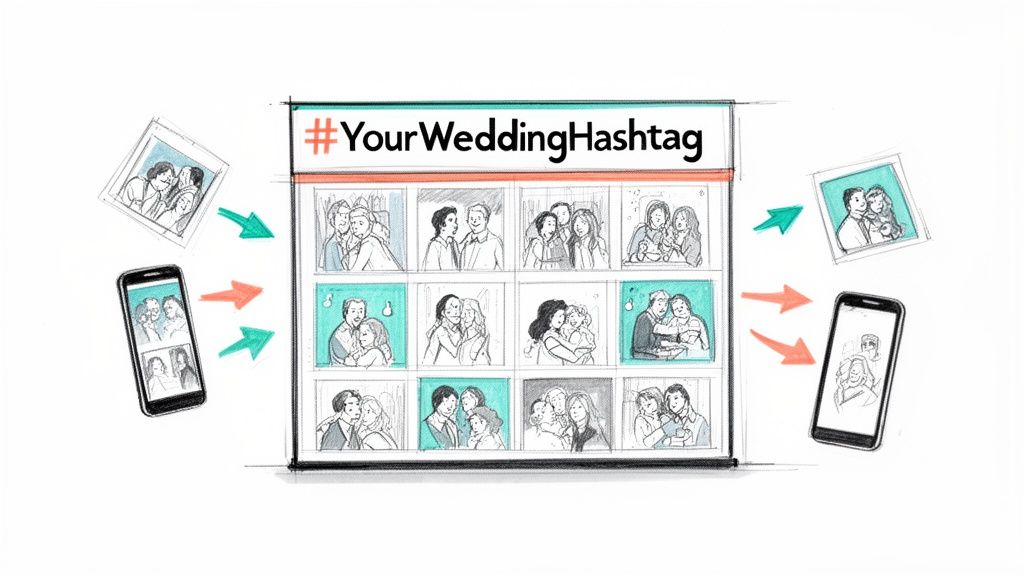 A display board shows wedding photos collected via #YourWeddingHashtag from smartphones and instant cameras.