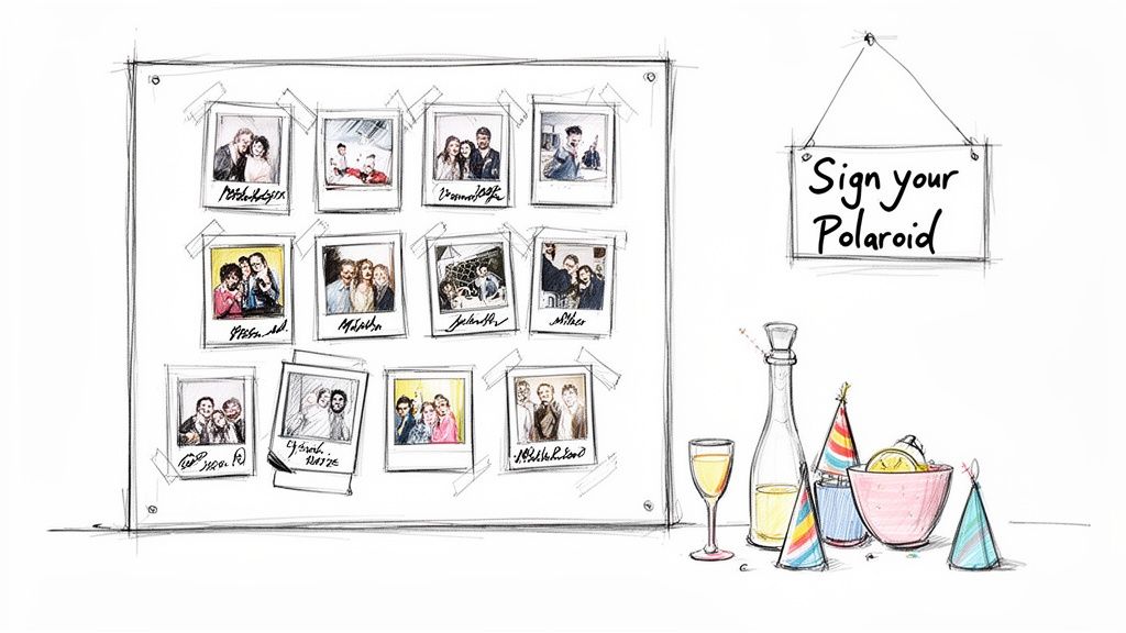 A whimsical sketch of a display board filled with signed polaroid photos and party decorations.