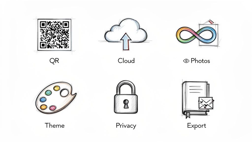 Six hand-drawn app feature icons: QR code, cloud upload, photos, theme palette, privacy padlock, and export book.
