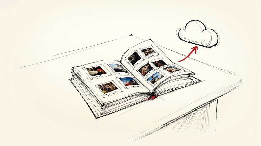 A hand-drawn sketch of an open photo album on a desk with an arrow pointing to a cloud, symbolizing digital backup.