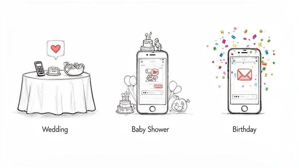 Trzy ilustracje przedstawiające cyfrową księgę gości lub koncepcje zarządzania wydarzeniem dla wesela, baby shower i urodzin.