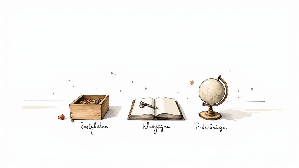 Trzy style: drewniane pudełko, otwarta księga i globus, symbolizujące rustykalny, klasyczny i podróżniczy motyw.