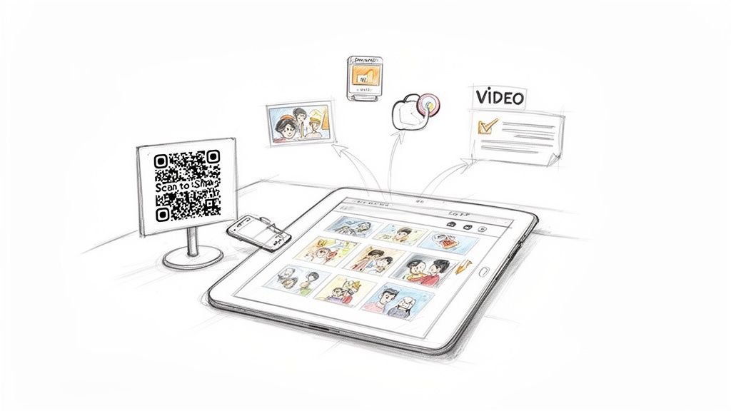 Szkic pokazujący cyfrową księgę gości na tablecie, z kodem QR, smartfonem, udostępnianiem wideo i zdjęć.