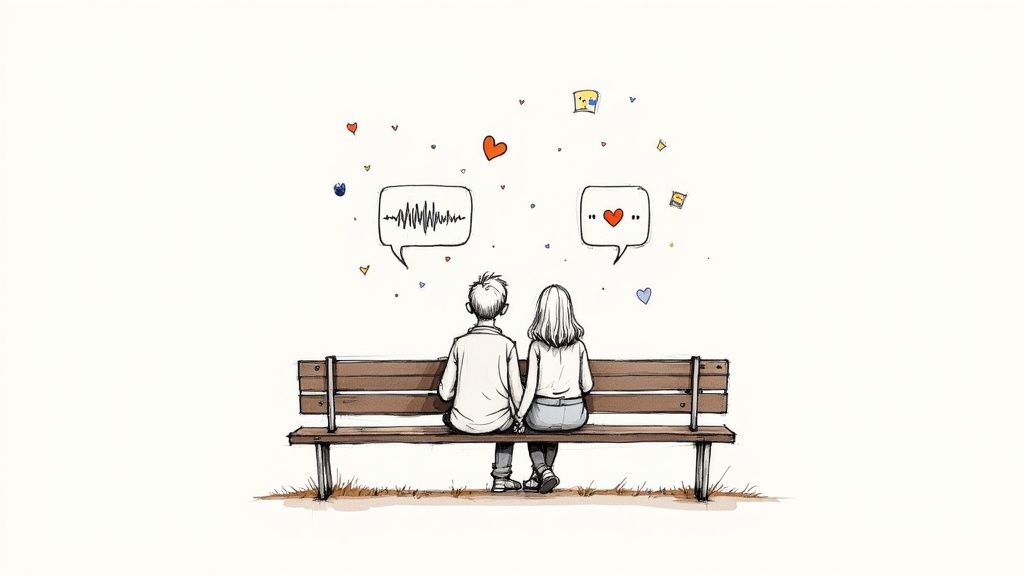 Watercolor illustration of a couple on a bench, holding hands, with speech bubbles showing communication and love.