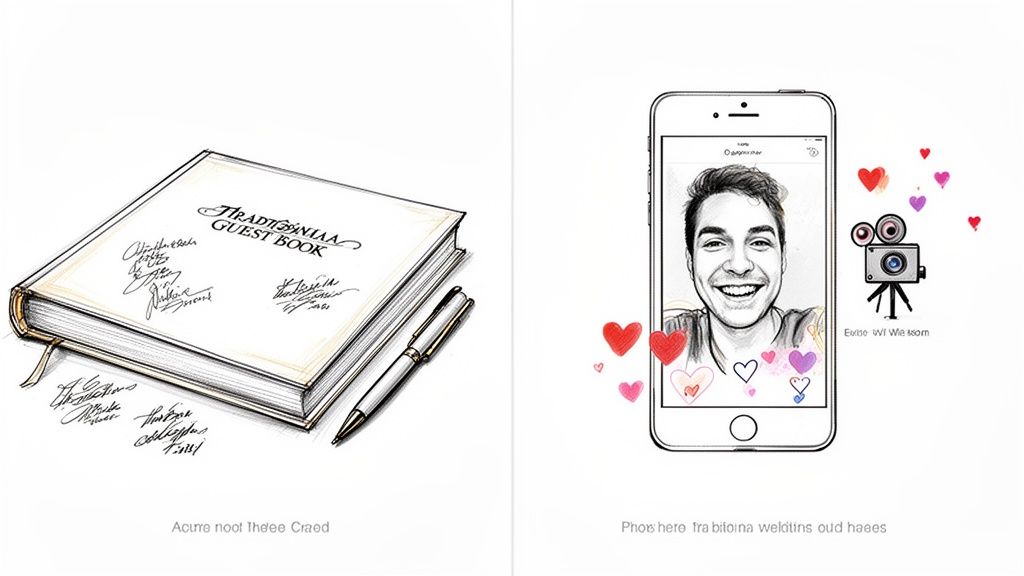 Illustrations comparing a traditional guest book with signatures and a modern smartphone capturing happy memories.