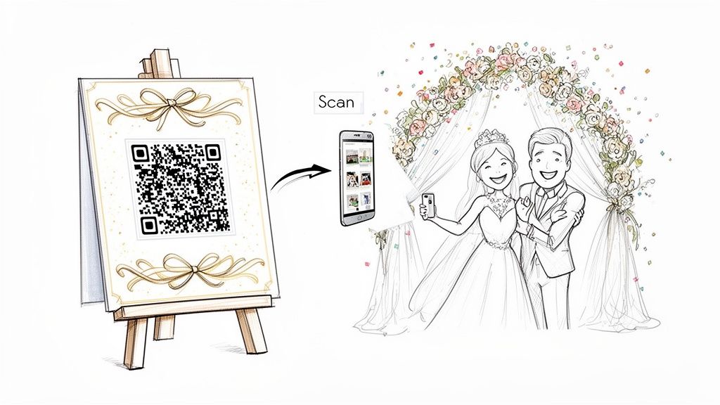 QR code on an easel for wedding photo sharing, connecting to a mobile gallery, with a happy couple.
