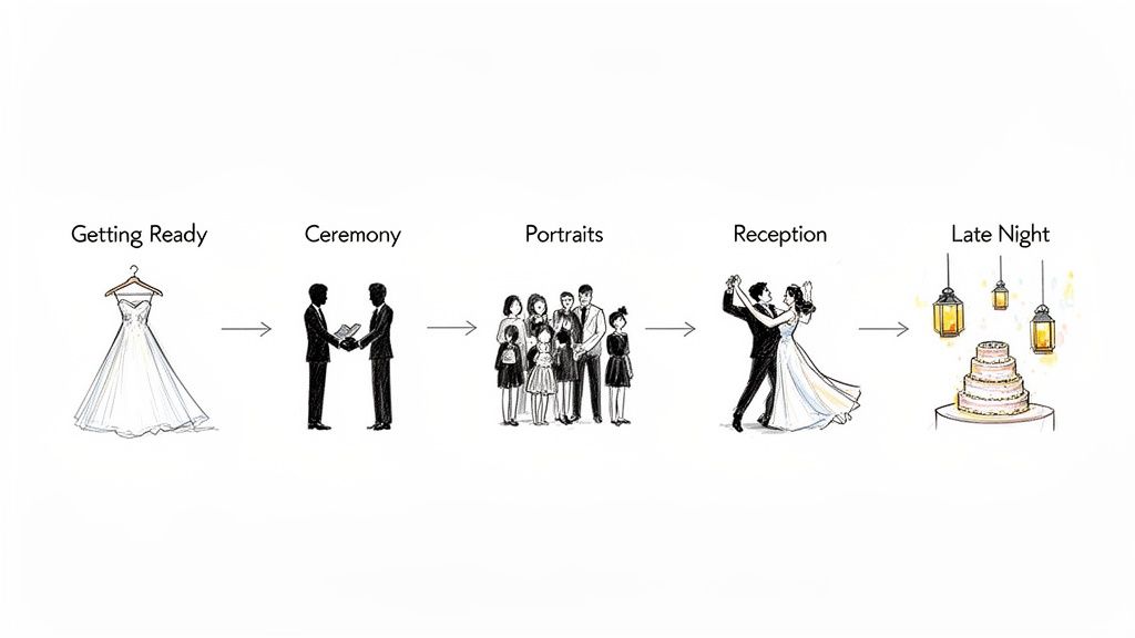 Illustrative timeline of a wedding day events: getting ready, ceremony, portraits, reception, and late night.