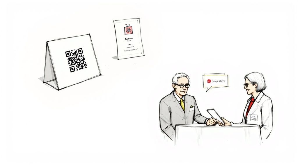 Illustration showing a QR code table tent, a menu, and two professionals discussing over a tablet.