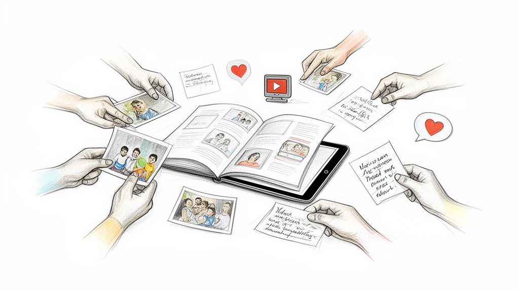 Hands arranging photos and notes around an open memory book and digital devices.