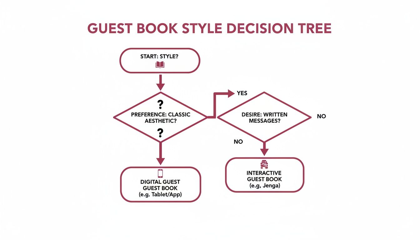 A flowchart for choosing guest book styles, featuring options like digital and interactive guest books.