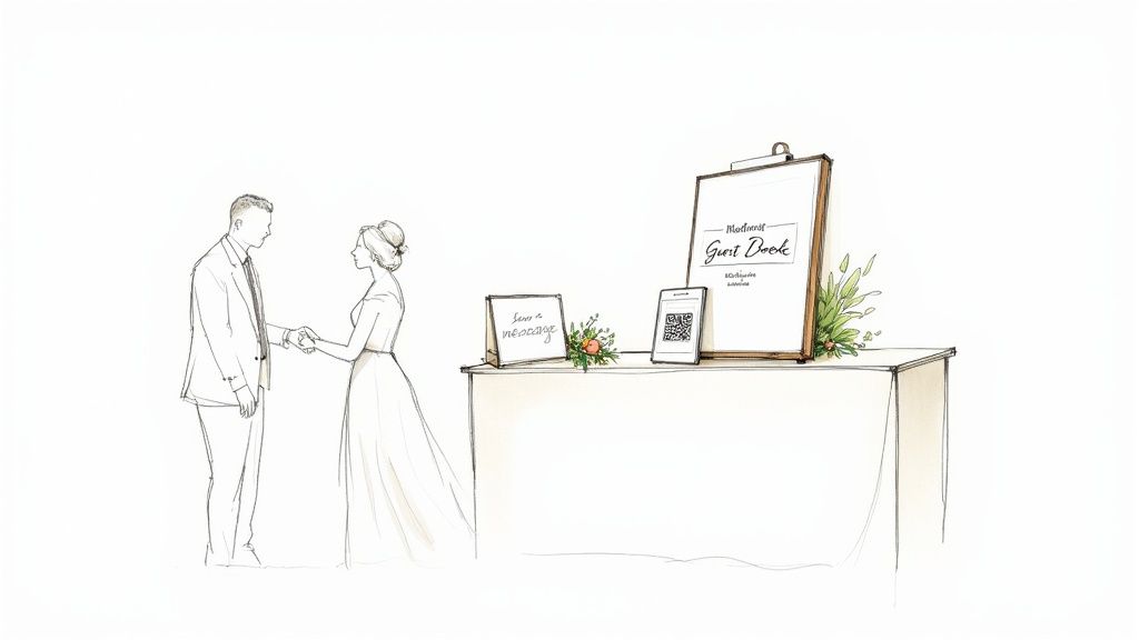 Sketch of a bride and groom with a table featuring a guest book sign and QR code.