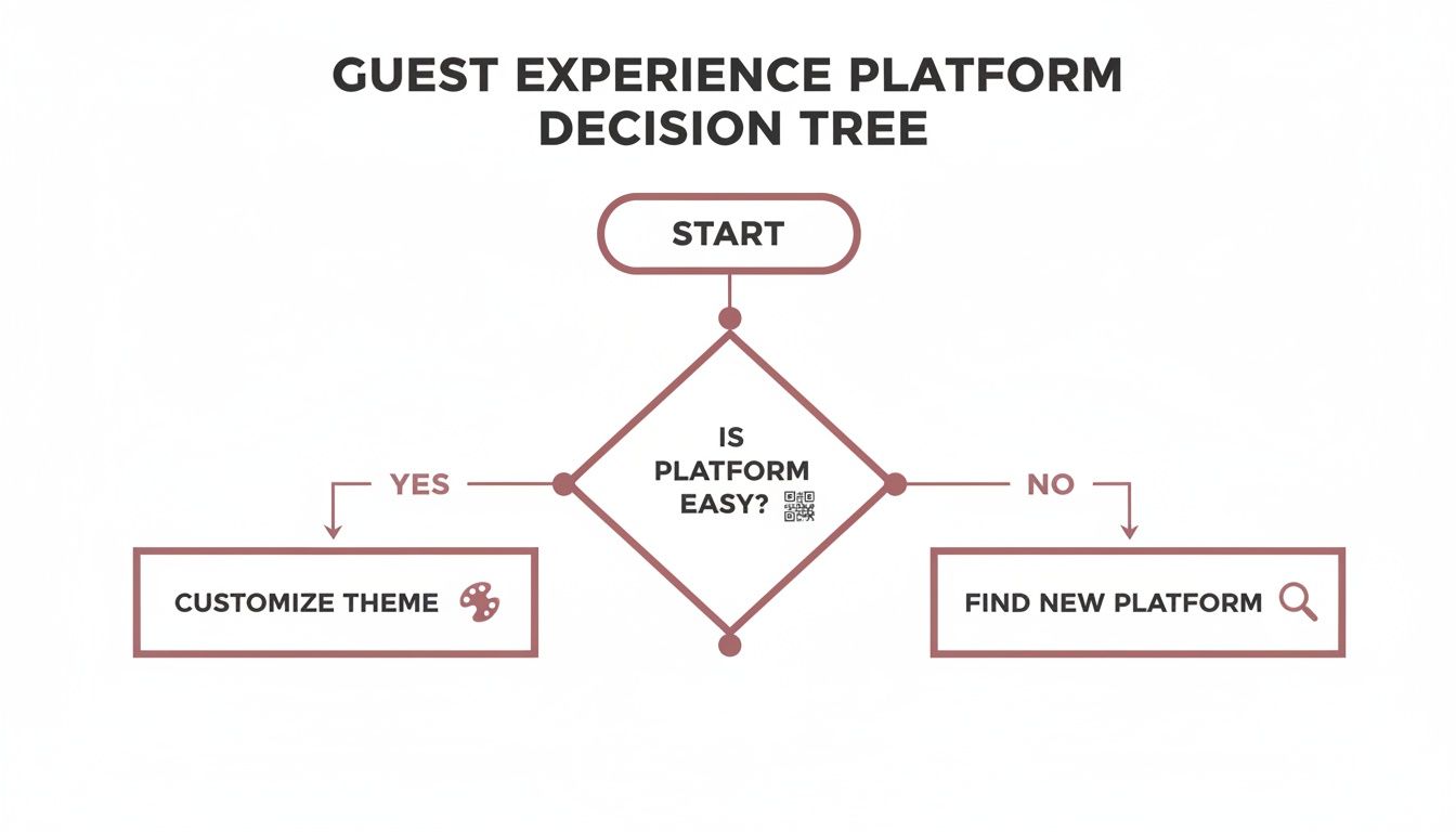A decision tree for a guest experience platform: Is it easy? Yes, customize theme. No, find new platform.