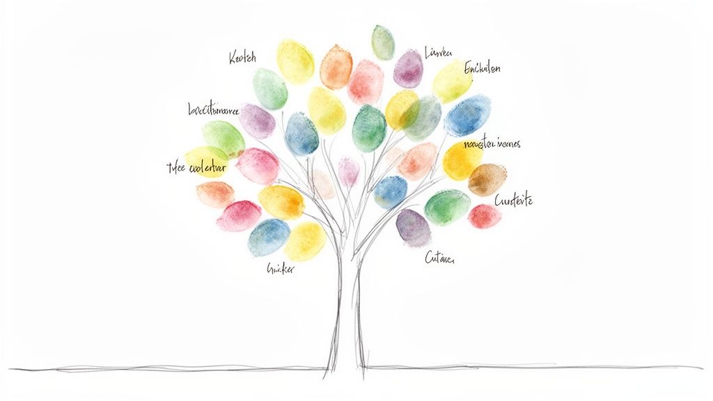 A hand-drawn tree with colorful fingerprint leaves, each with a guest's name, serving as a unique guest book.