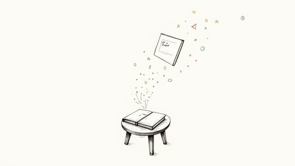 A whimsical drawing of an open book on a stool, releasing colorful shapes and a floating book.
