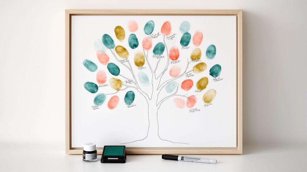 Alternative wedding guest book with a tree design made of colorful fingerprints and handwritten names.