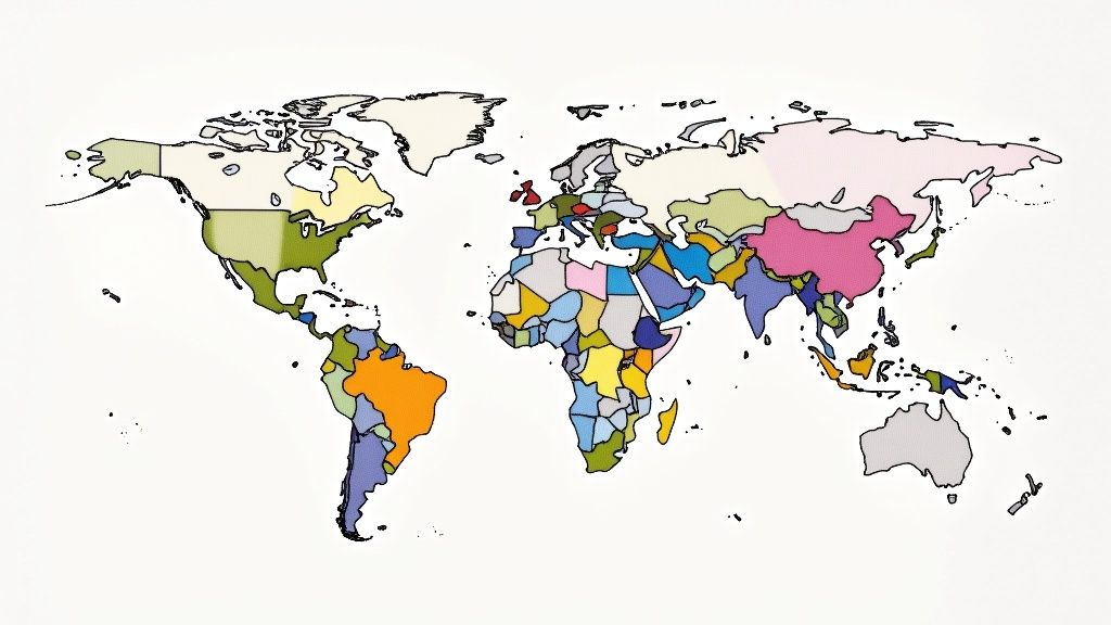 Kolorowa mapa świata przedstawiająca kontury krajów w różnych odcieniach, idealna do nauki geografii.