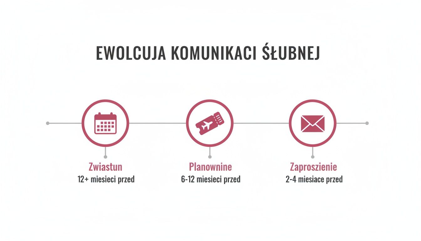 Grafika przedstawiająca ewolucję komunikacji ślubnej: zwiastun, planowanie podróży i zaproszenie z podanymi terminami.