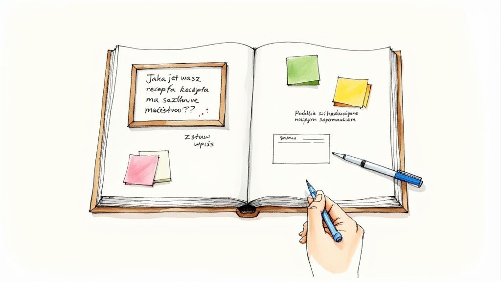 Ilustracja otwartej księgi gości weselnych z zapisanymi życzeniami, kolorowymi karteczkami i dłonią piszącą piórem.