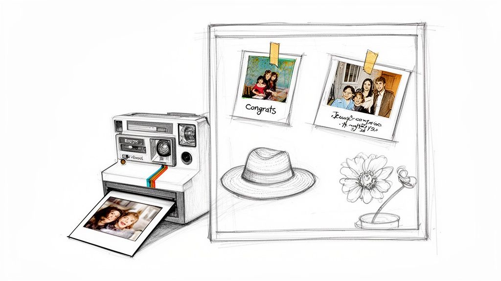 A detailed sketch shows a Polaroid camera printing a photo, next to a display board with instant pictures, a hat, and a flower.