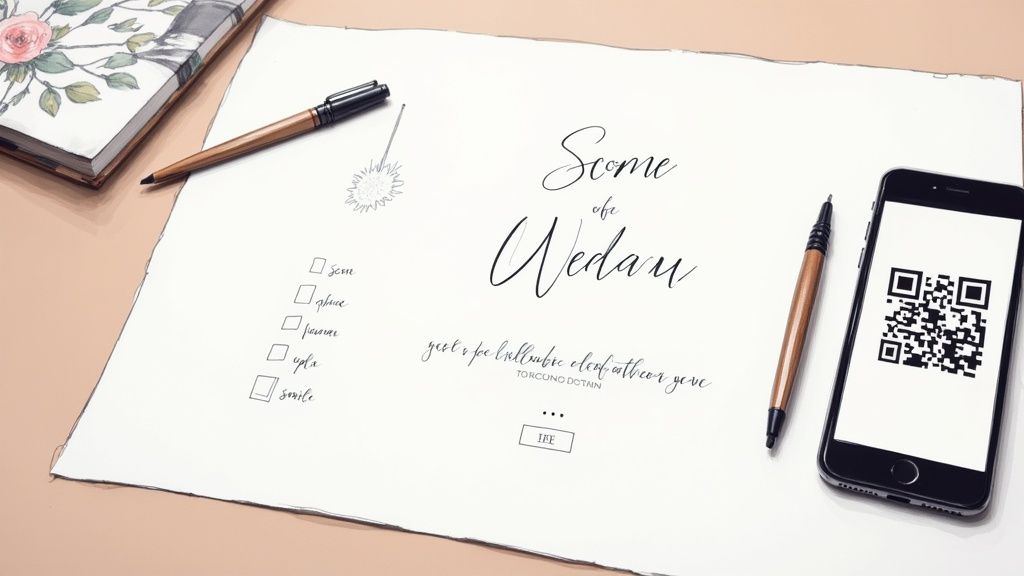 A flat lay shows a wedding invitation or RSVP card with a QR code on a smartphone, a pen, and a floral notebook.