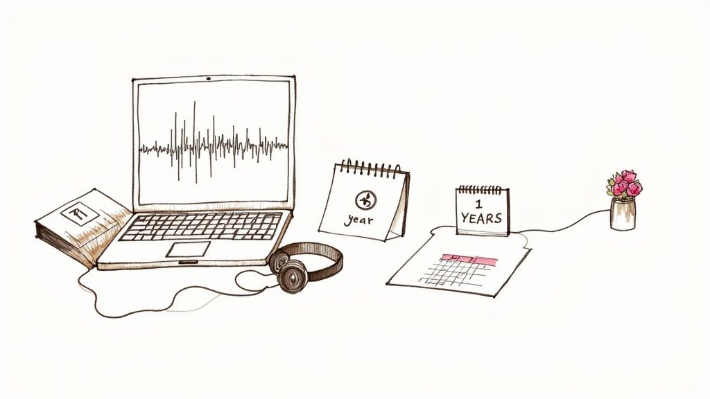 A sketch of a laptop displaying sound waves, headphones, books, calendars, and flowers.