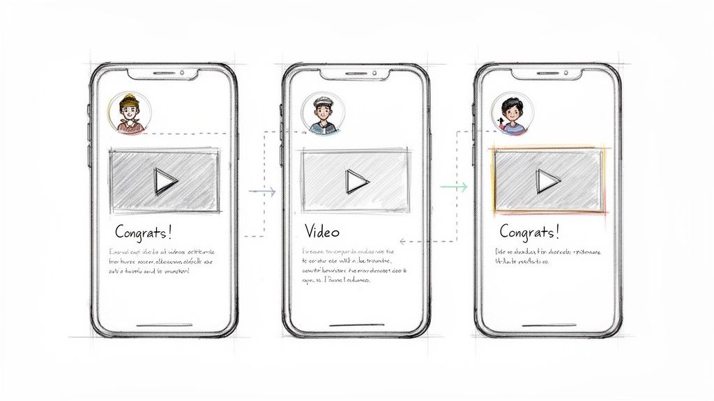Wireframe sketches of three smartphone screens illustrating a mobile app's video player and notification UI flow.
