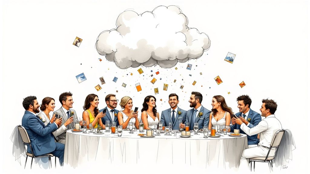 Wedding guests at a table, smiling and looking at phones, with digital photos falling from a cloud.