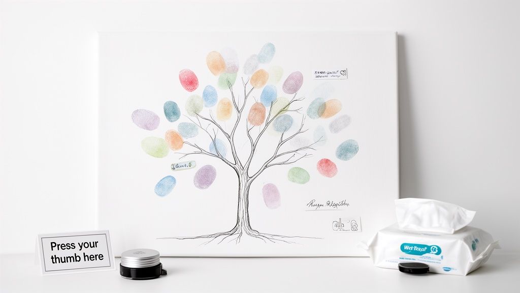 A white canvas unique wedding guest book alternative featuring a thumbprint tree with colorful prints, an ink pad, and wipes.