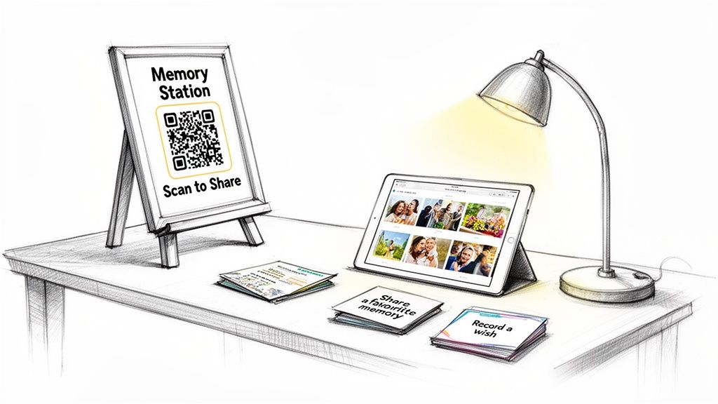 Ilustracja cyfrowej stacji pamięci z tablicą QR, tabletem wyświetlającym zdjęcia i kartami.