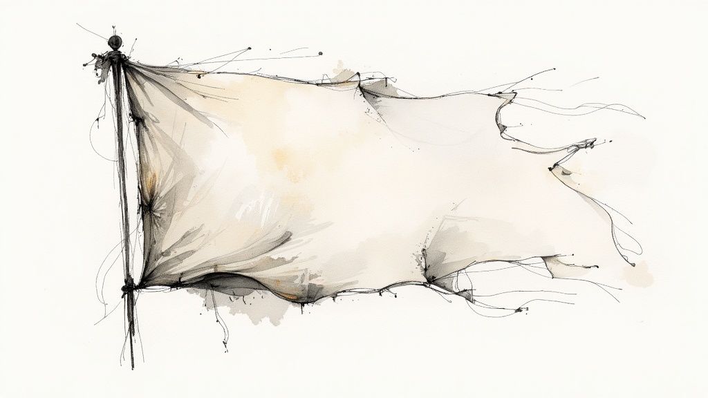 Artystyczna, akwarelowa ilustracja postrzępionej, białej flagi powiewającej na wietrze.