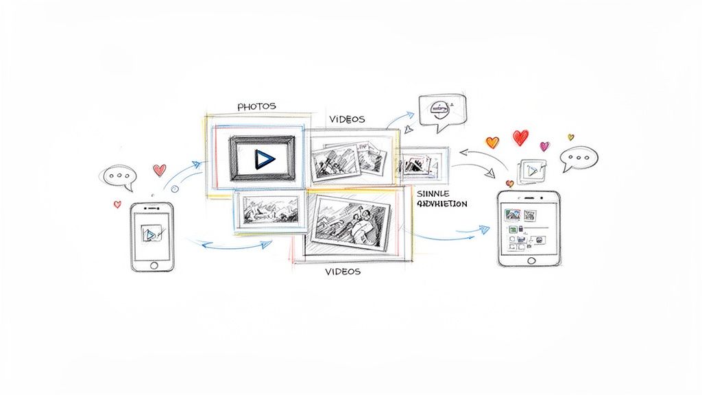 Szkic ilustrujący dzielenie się zdjęciami i filmami między telefonami komórkowymi, z centralnym magazynem i interakcjami społecznymi.