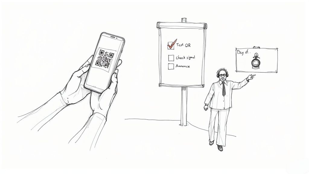 A sketch showing hands holding a smartphone with a QR code, a checklist, and a man pointing at a sign.