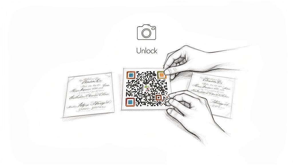 Hands holding a QR code card with other handwritten invitation cards, under a camera and 'Unlock' icon.