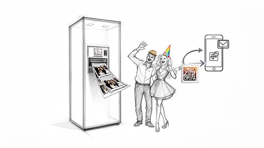 Happy couple enjoying a photo booth, printing photo strips, and sharing digital photos via QR code.