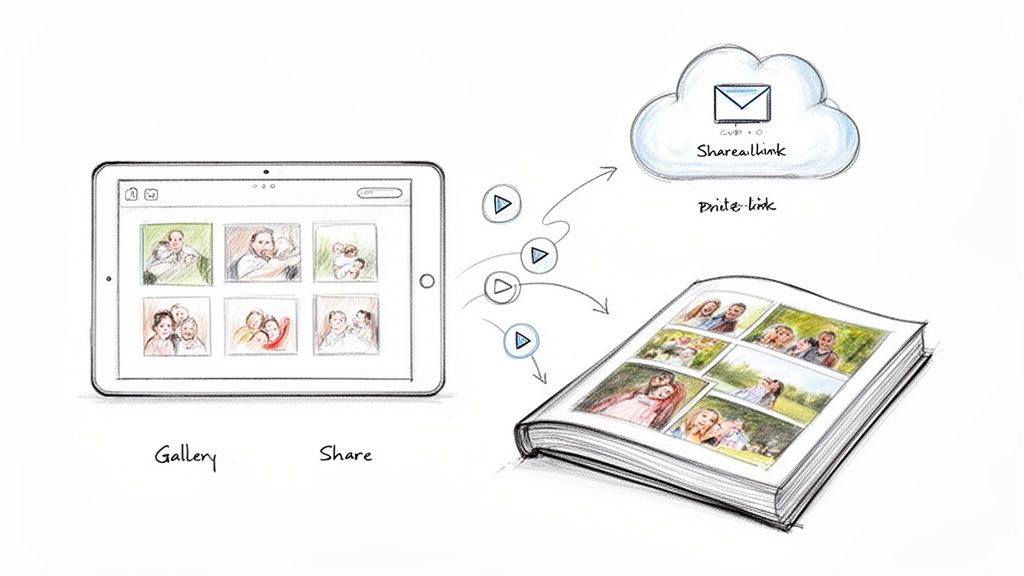 Digital photos from a tablet are shared to a physical album and cloud service.