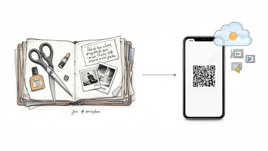 Illustration of a memory book being digitized, linking physical memories to a smartphone with a QR code.