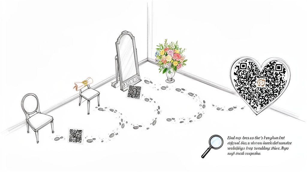 A whimsical wedding scavenger hunt scene with QR codes, footprints, chairs, a mirror, and flowers.