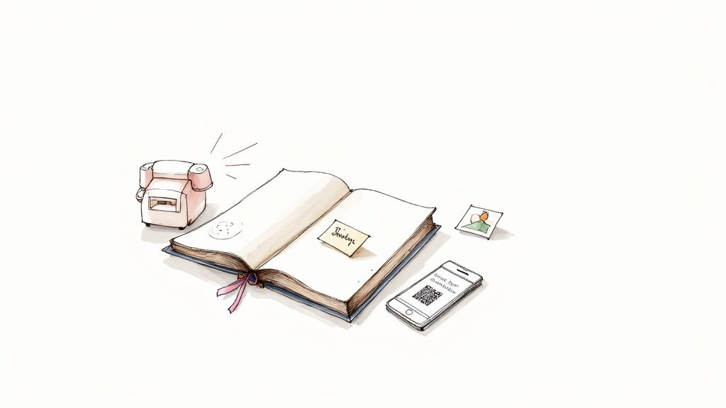 Watercolor illustration of an open guest book, retro phone, smartphone with QR code, and small photo.