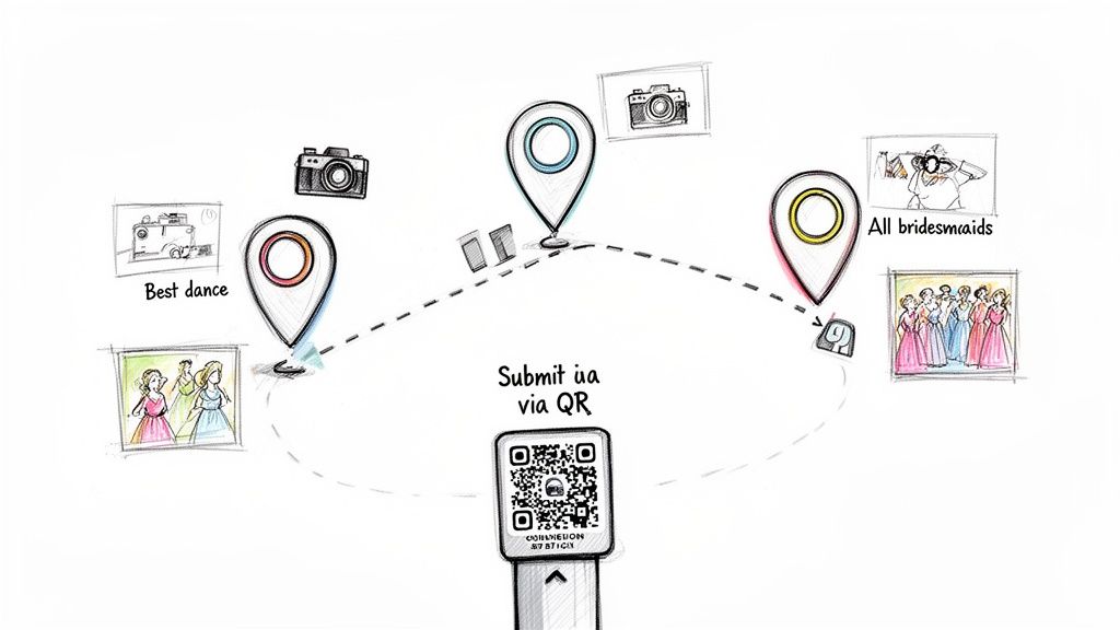 Diagram of event photo collection via location pins, themed images, and QR code submission.