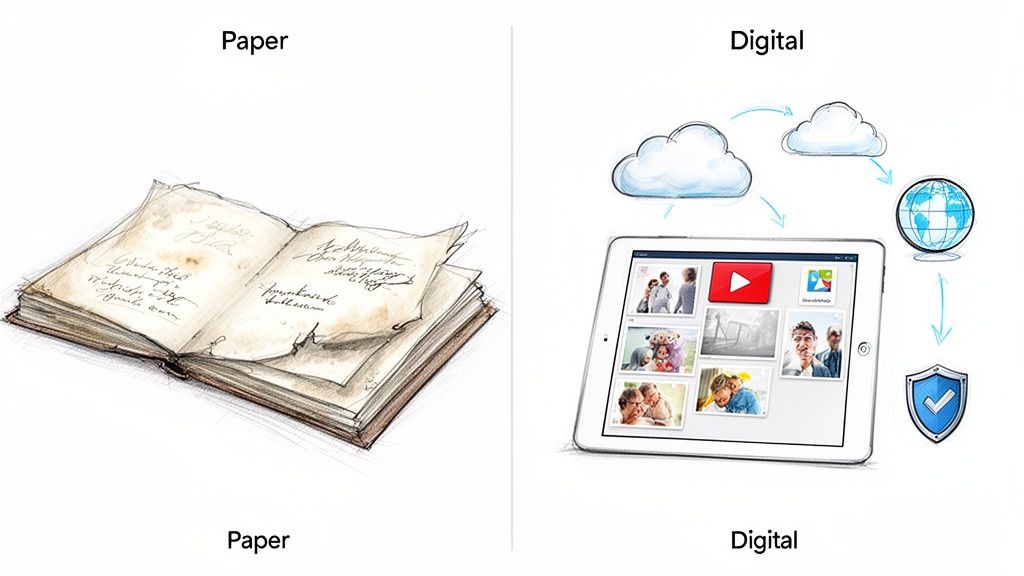 A sketch comparing old paper books with handwritten text to a digital tablet displaying photos and cloud storage.