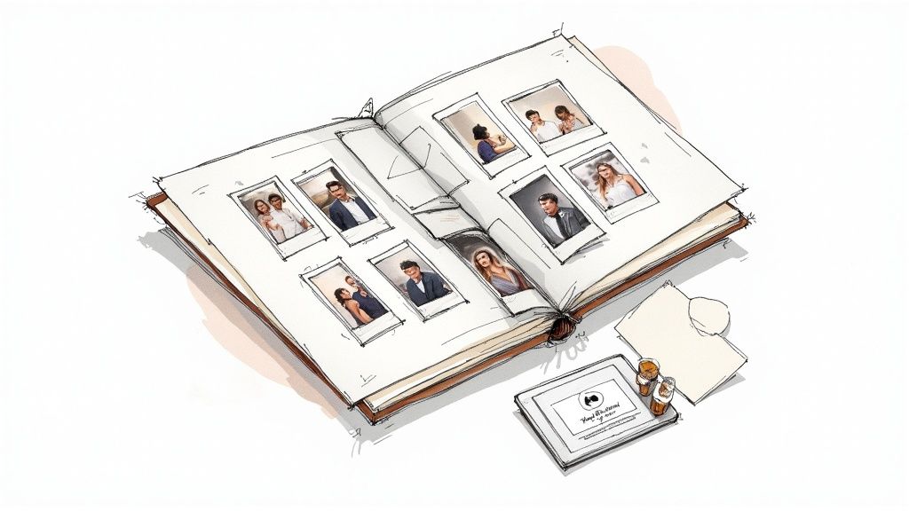 An open photo album displays diverse photographs of individuals and couples, next to a tablet and small bottles.