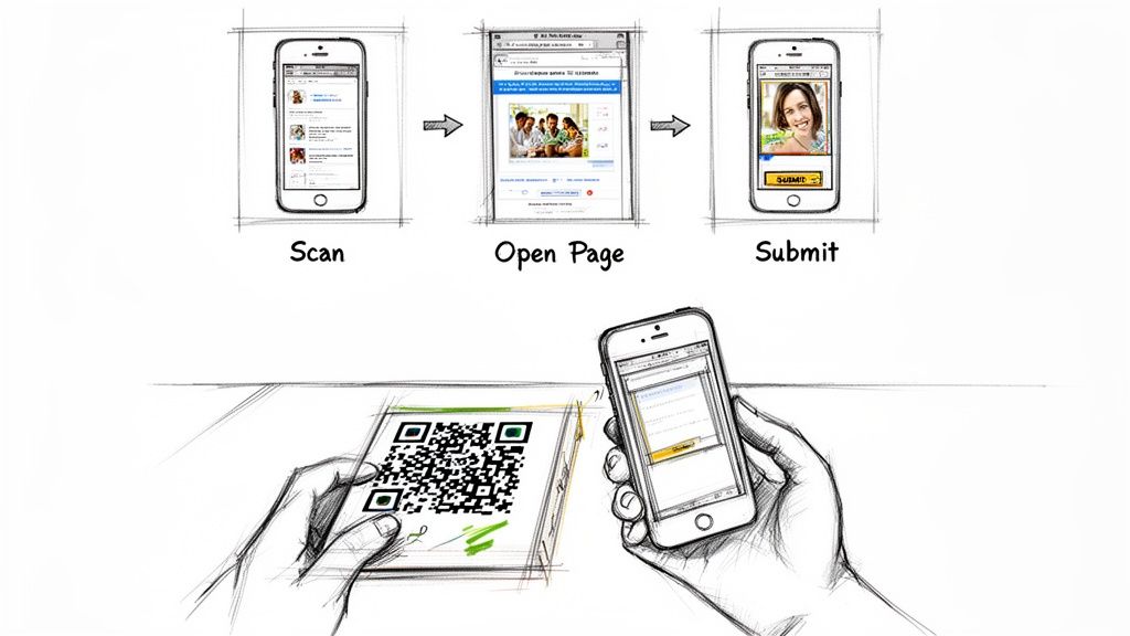 Smartphone scanning a QR code to open a digital page and submit information, illustrating a digital guest book process.