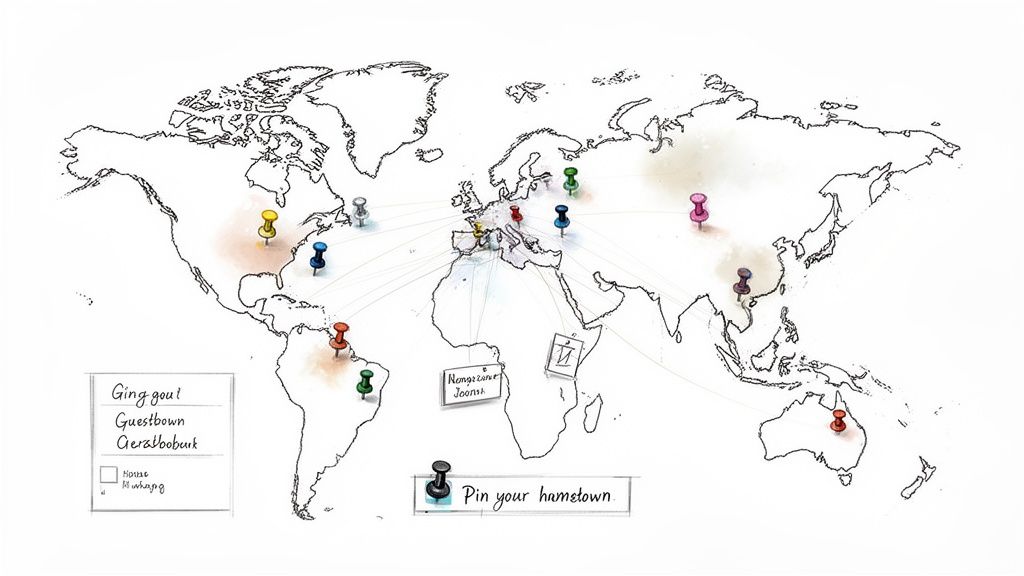 A sketched world map with colorful pushpins indicating guest locations for a unique wedding guest book.