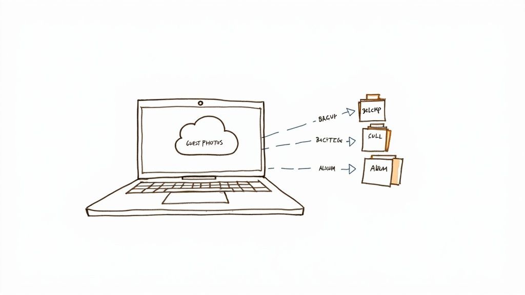 A laptop screen shows 'GUEST PHOTOS' in a cloud, with arrows connecting to 'BACKUP', 'CULL', and 'ALBUM' folders, illustrating a photo workflow.