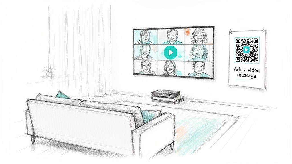 Ilustracja salonu z wideokonferencją na dużym ekranie i kodem QR do wiadomości wideo.