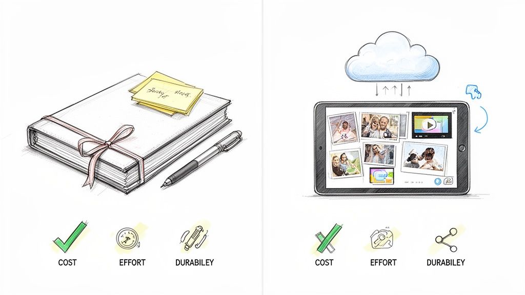 Comparison of traditional physical memory books and digital photo albums on a tablet, highlighting cost, effort, and durability.